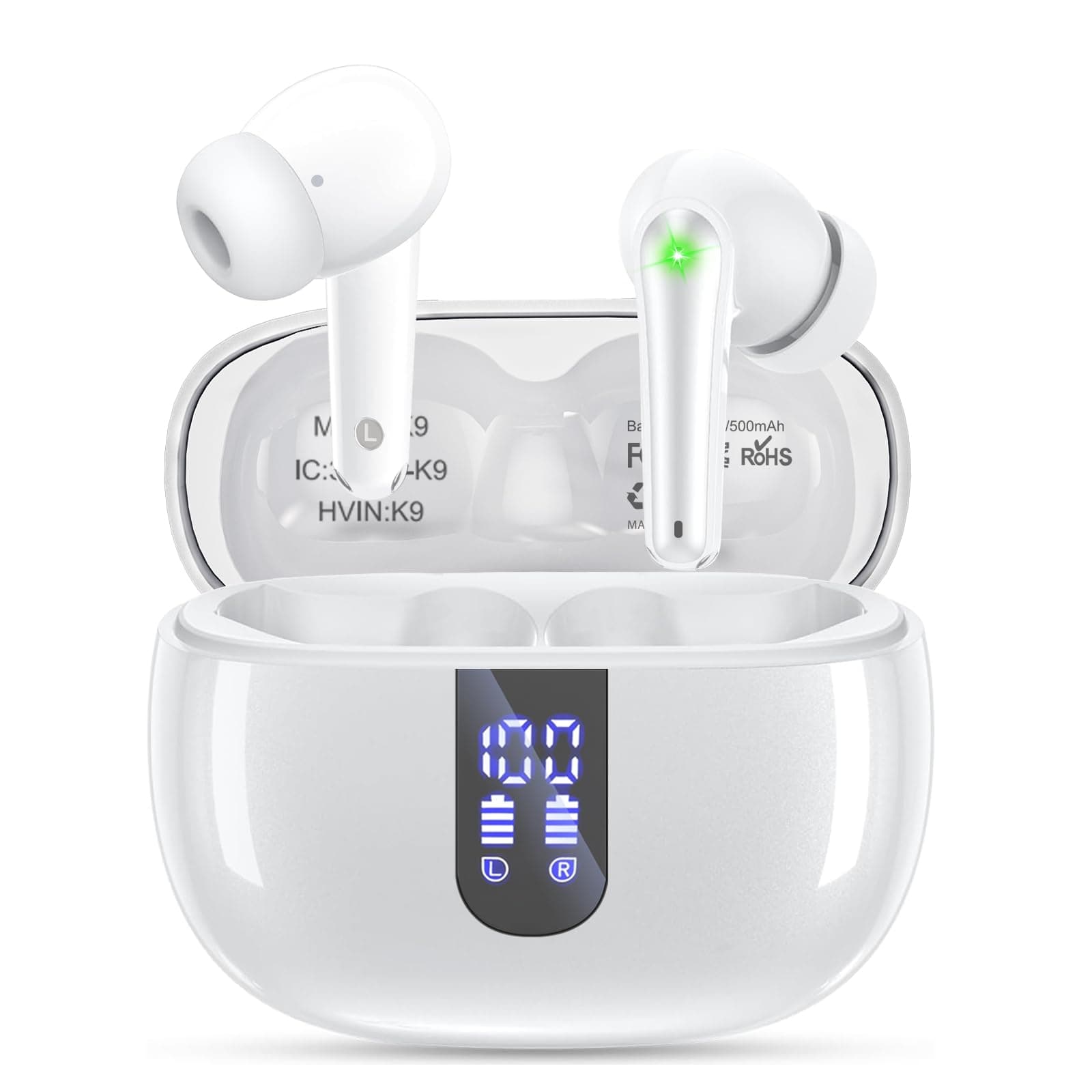 Yideing Wireless Earbuds, Bluetooth 5.3 Headphones with HiFi Stereo Sound, 40H Playtime with LED Power Display Charging Case, IPX7 Waterproof in-Ear Earphone with Mic,White
