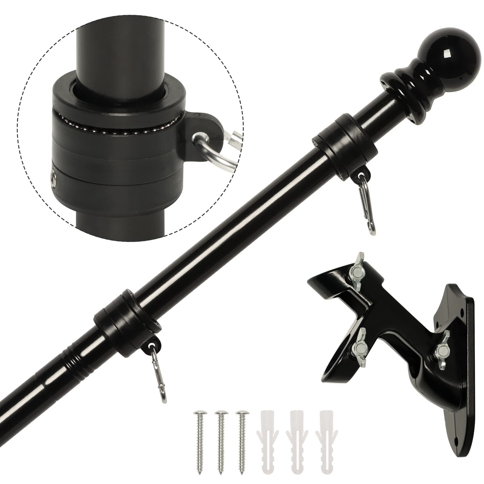 NELXINJO 5FT Black Stainless Steel Flag Pole Kit for Outside House Wall