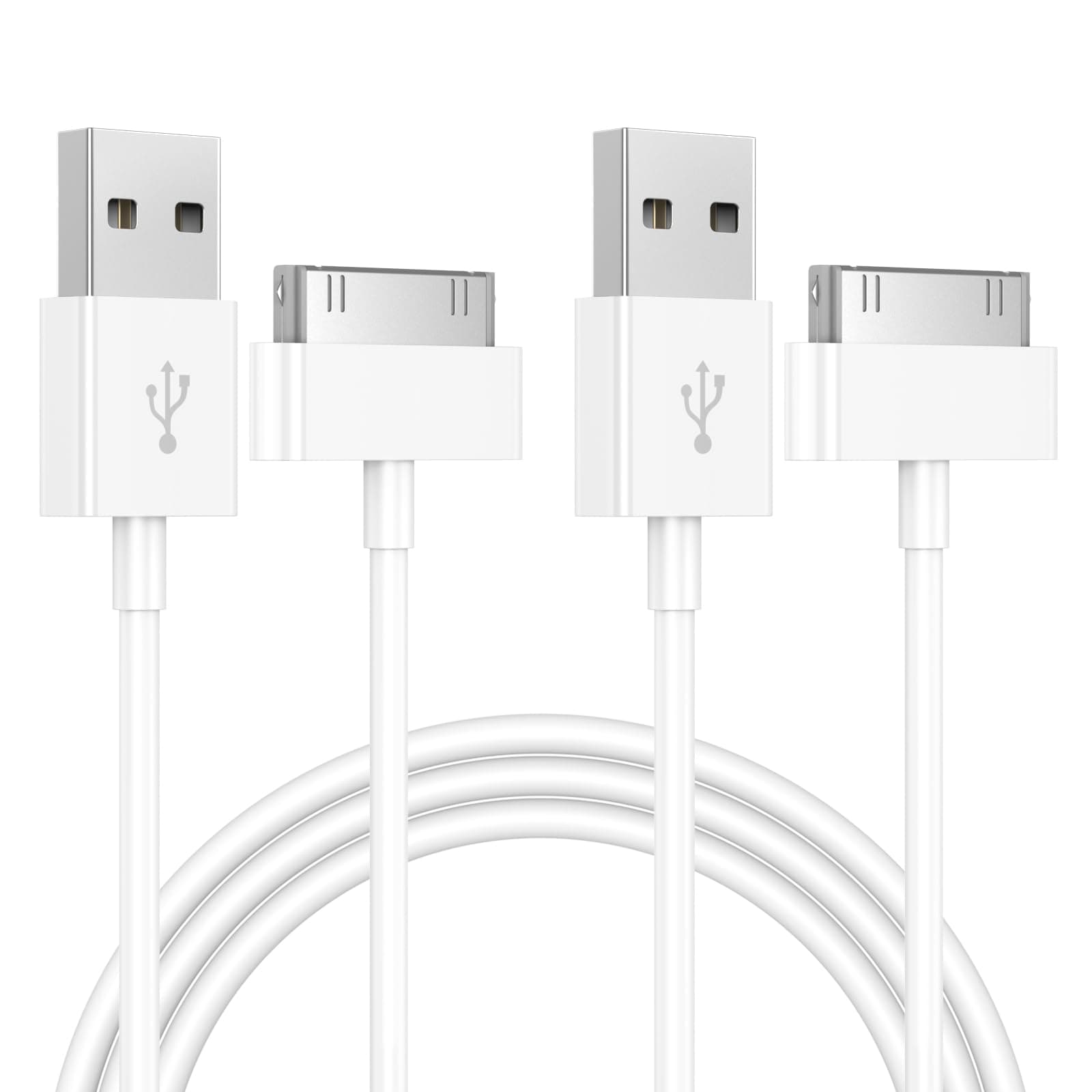2-Pack 30-Pin Charging Cable for iPhone 4/4s, 3G/3GS, iPad 1/2/3, iPod Touch/Nano/Classic, 3.3 Feet White Data Cable Charger Cord
