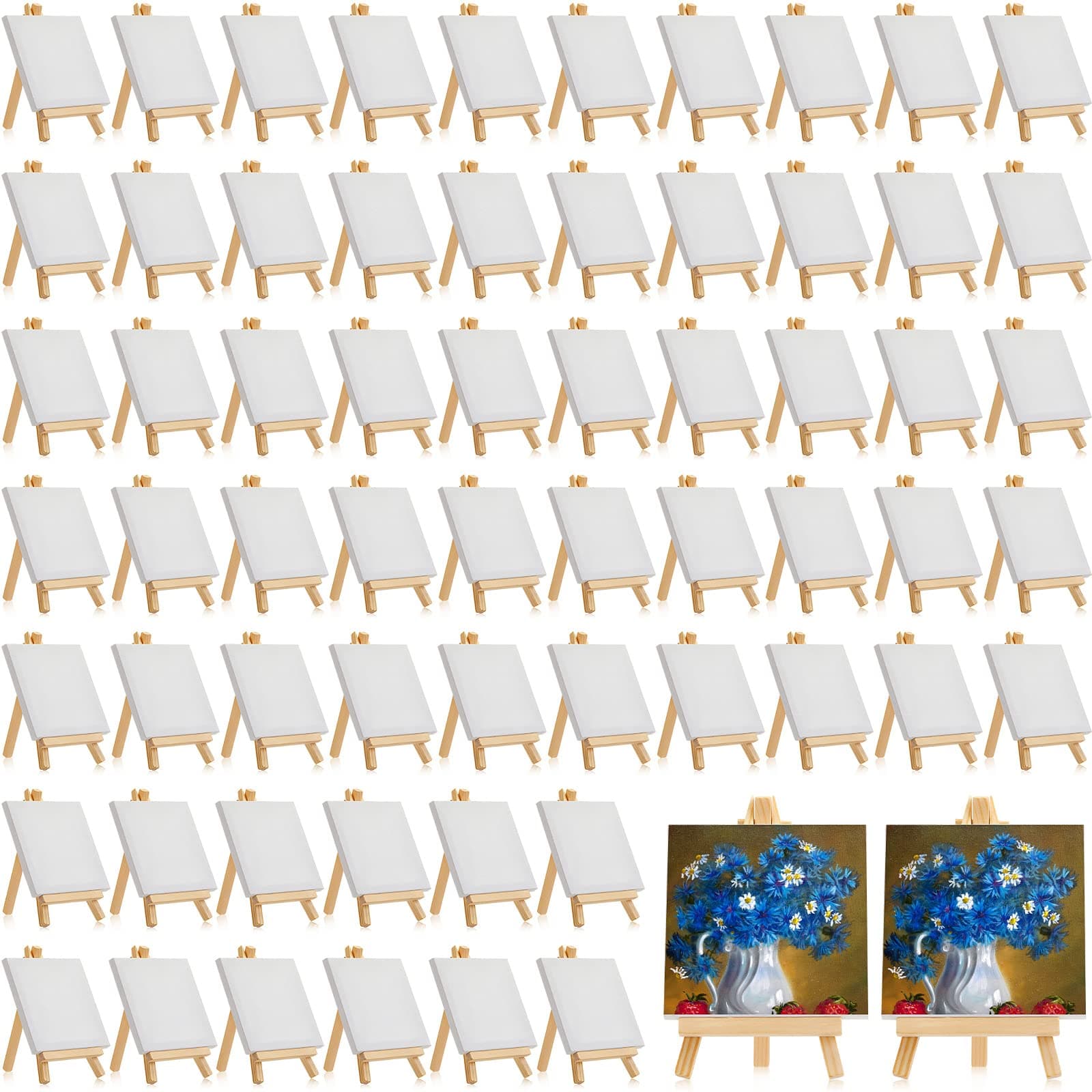 Mimorou 64 Pack Mini Canvas with Easel Sets for Painting Small Art Stretched Canvas Panels Pack with Wood Display Easel for Classroom Crafts, Art Projects, Birthday Paint Party Favors (5 x 5 Inch)