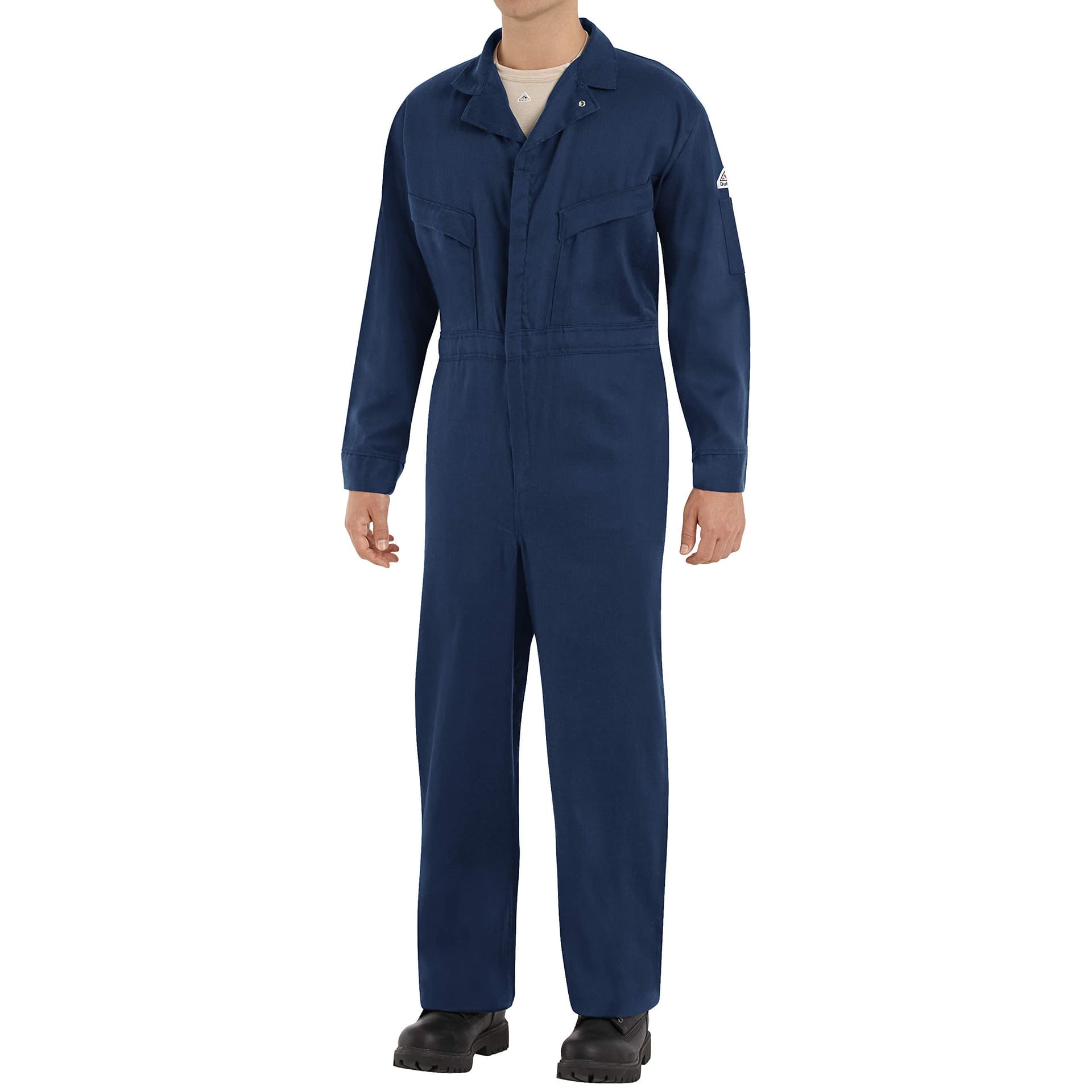 Bulwark Flame Resistant 6 oz Cotton/Nylon Excel FR ComforTouch Regular Deluxe Coverall with Concealed Snap On Cuff, Navy, Size 44