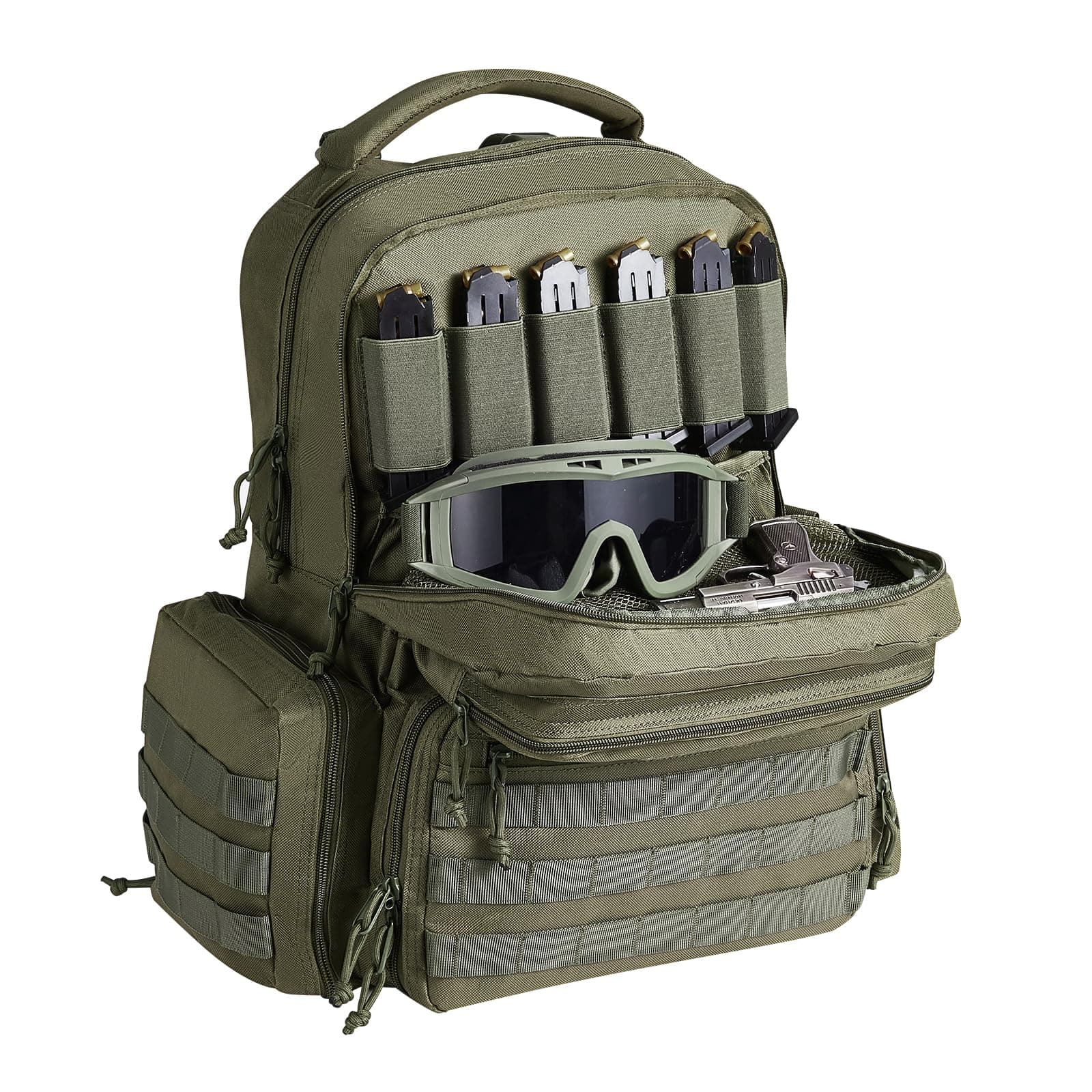 VEVOR Tactical Range Backpack for 6 Pistols, Gun Backpack with 6 Independent Pistol Bags & 10 Magazines, Pistol Backpack for Outdoor Hunting Shooting, Range Bag for Handguns Lockable Zipper, Green