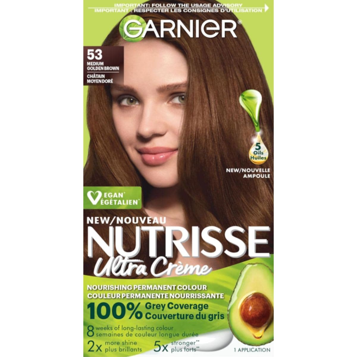 Garnier Nutrisse Ultra Crème, Permanent Hair Dye, 100% Grey Coverage, Vegan Formula, Nourished Hair, Long-Lasting Rich Colour, 53 Medium Golden Brown, 1 Application, Packaging May Vary