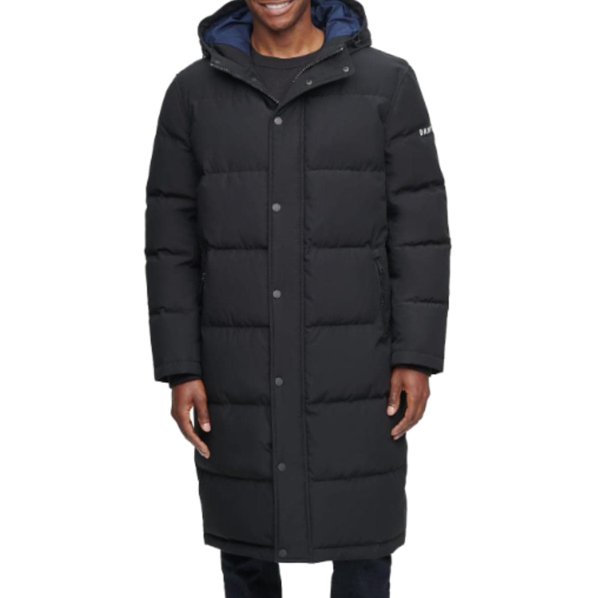 DKNY Men's Arctic Cloth Hooded Extra Long Parka Jacket, Black,  White on the inside, Small.