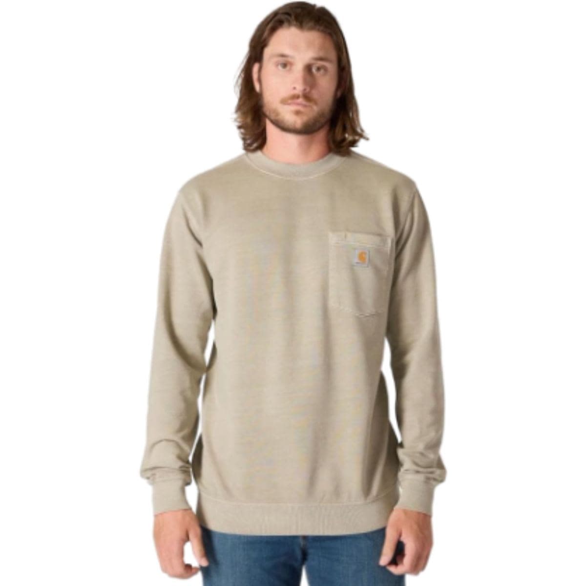 Carhartt Men's Relaxed Fit Midweight Garment Dye French Terry Crewneck Pocket Sweatshirt, Greige, Large