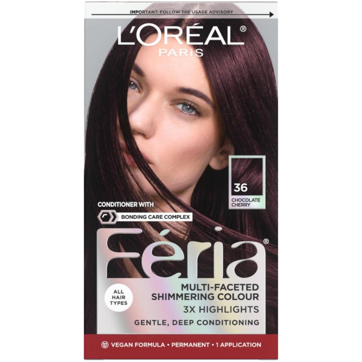 L'Oréal Paris Feria Permanent Hair Color, 36 Chocolate Cherry (Deep Burgundy Brown)
