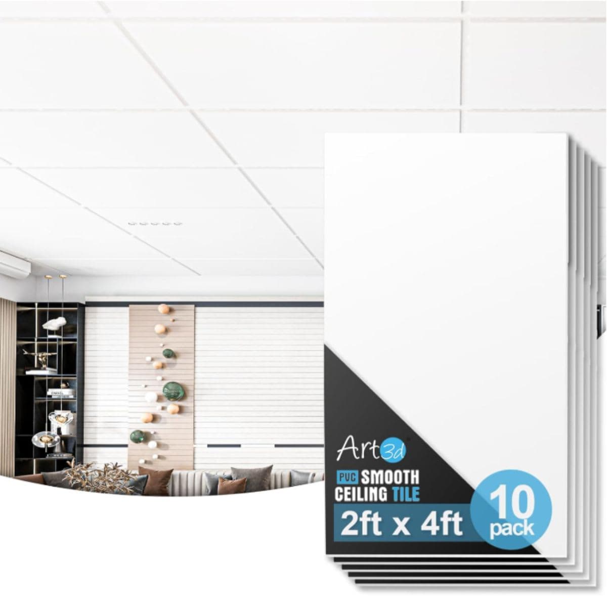 Art3d 10-Pack Smooth Drop Ceiling Tile 2ft x 4ft in White, PVC Ceiling Panel 24 x 48in.