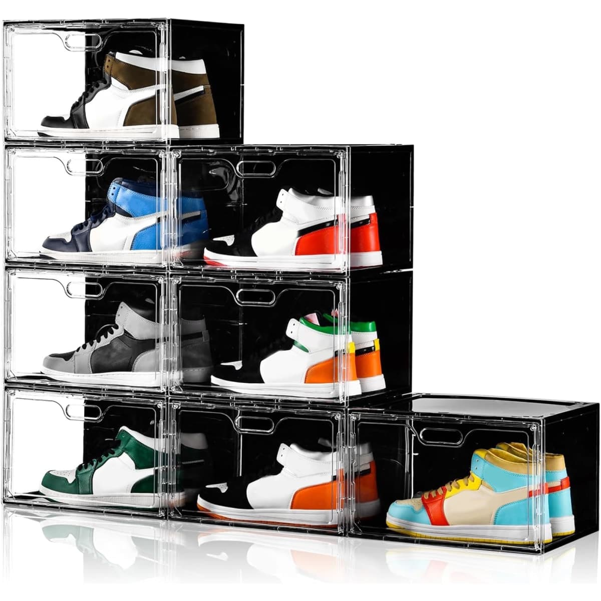 Amllas New 8 Pack Shoe Boxes Stackable, Large Shoe Storage Organizer with Lids,Drop Side Shoe Containers for Entryway,Sneaker Storage Fit up to US Size 13 for Men/Women(13’’x 10.6”x 8.3”)