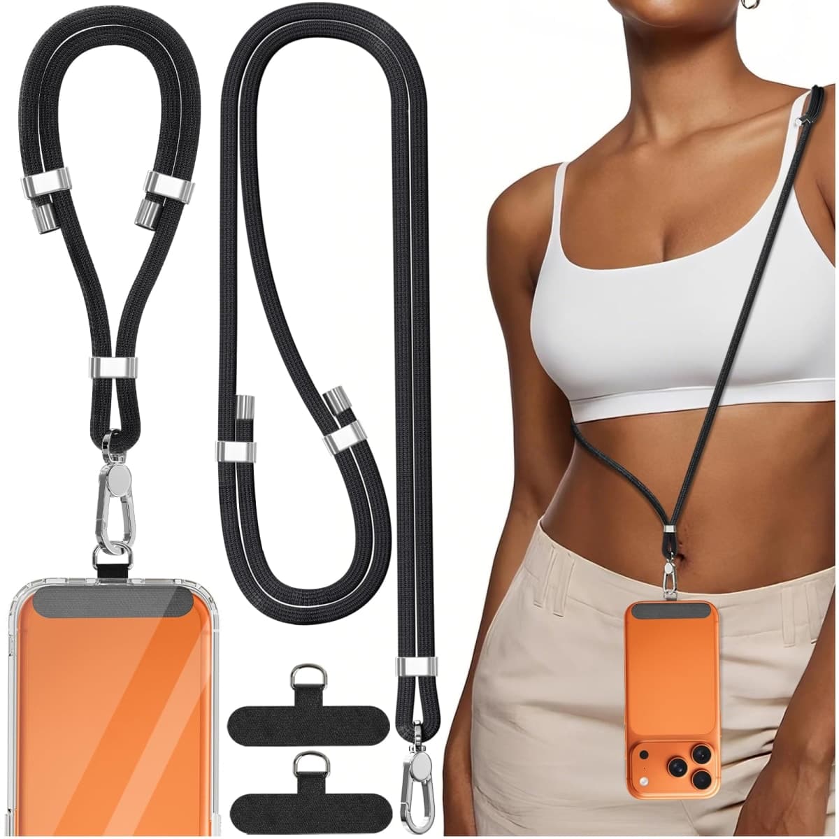 4-IN-1 Phone Lanyard + Wrist Strap, Adjustable Length 2PCS Anti-Theft Cell Phone Strap with Tether Tab for All Phones (2 PACK-Black)