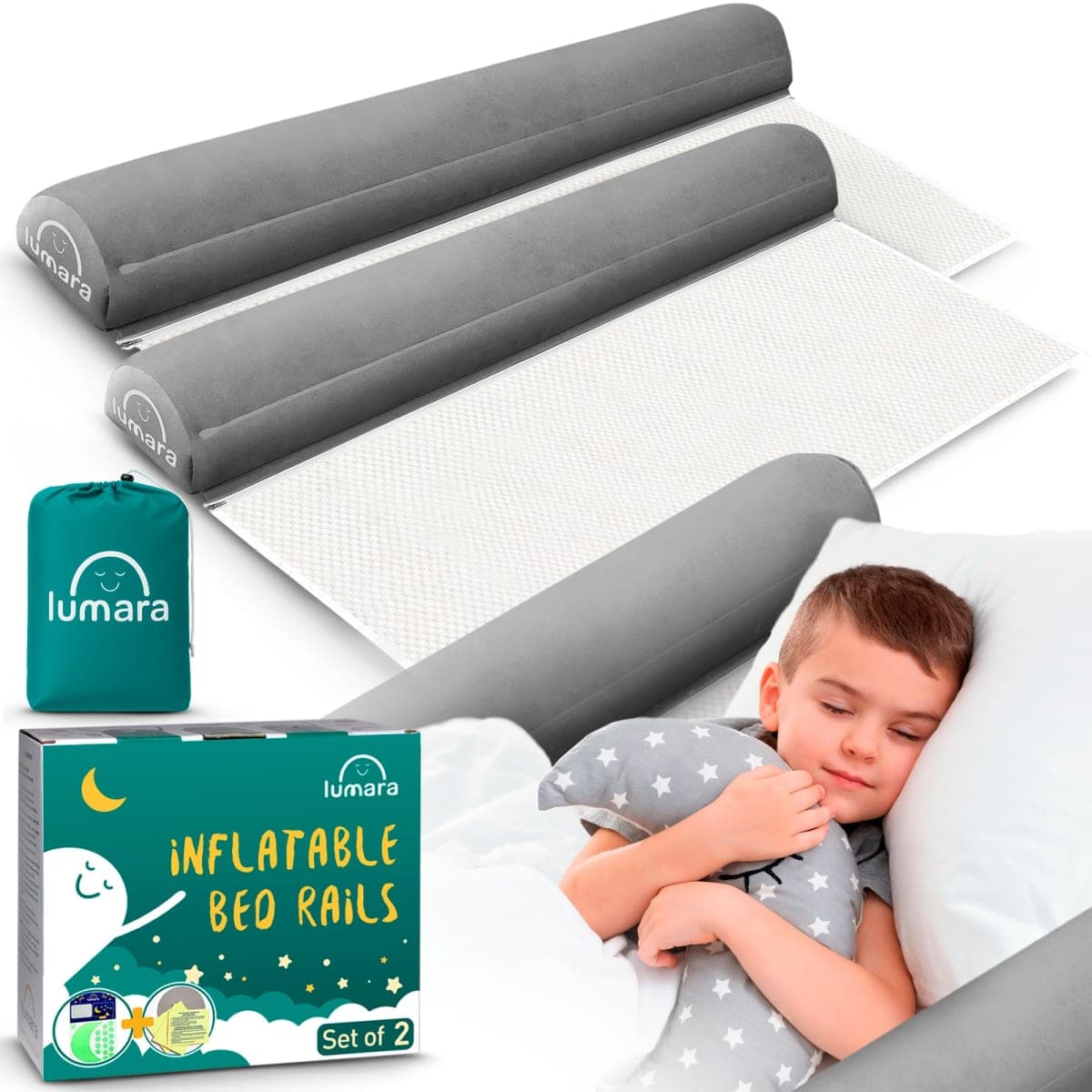 LUMARA Inflatable Bed Rail for Toddlers 2 Pack - Travel Bed Rails, Portable Bed Bumper for Twin, Full, Queen, King Size Beds - Blow Up Bed Bumpers for Kids with Non Slip Flap, Toddler Bed Guard Rail