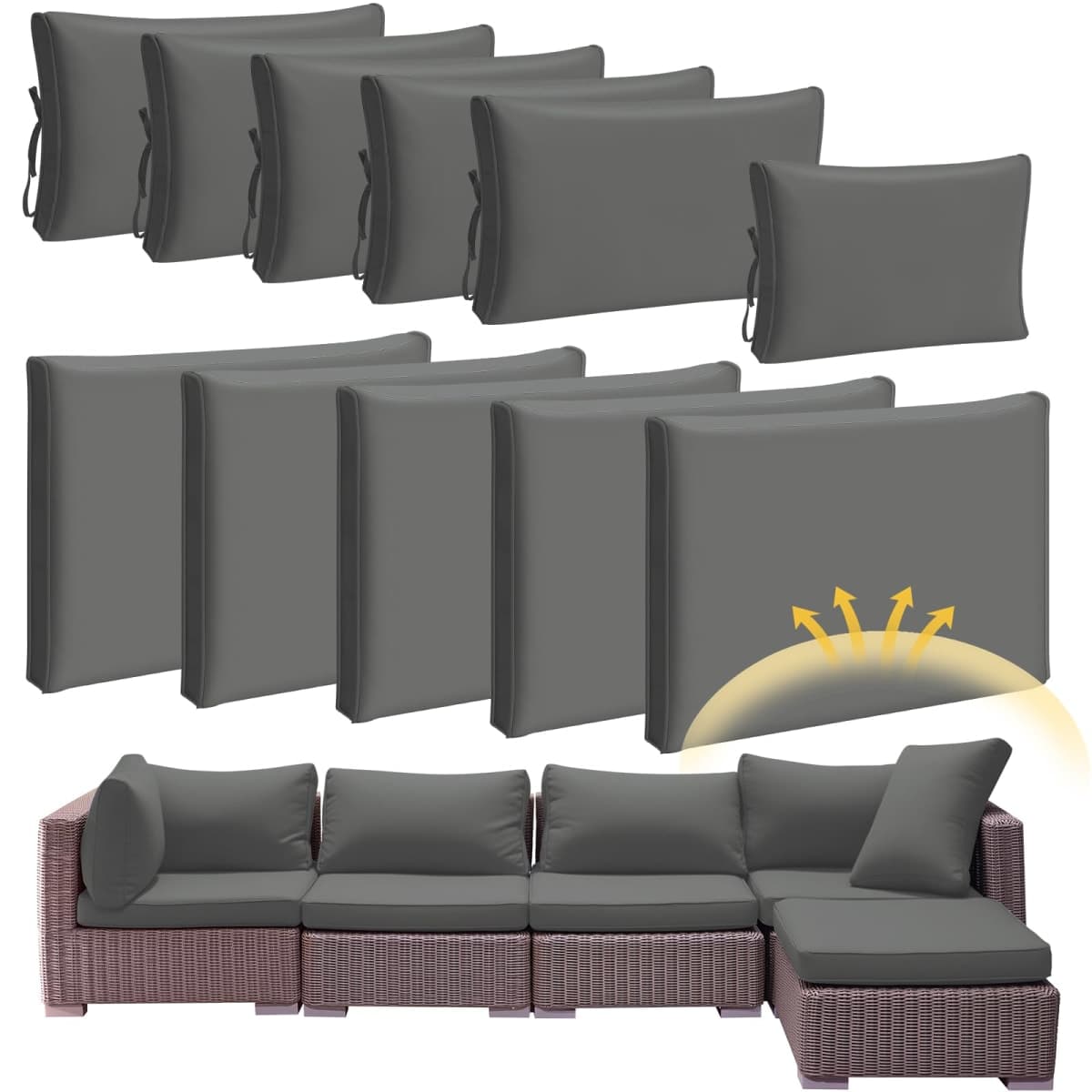 Patelai 11 Pcs 25.4 x 25.4X 3.54 Inch Waterproof Patio Cushion Covers for Outdoor Sectional Furniture Wicker Rattan Patio Sofa Couch Chair Seat Pillow Slipcovers, 3 Sizes Covers Only (Gray)