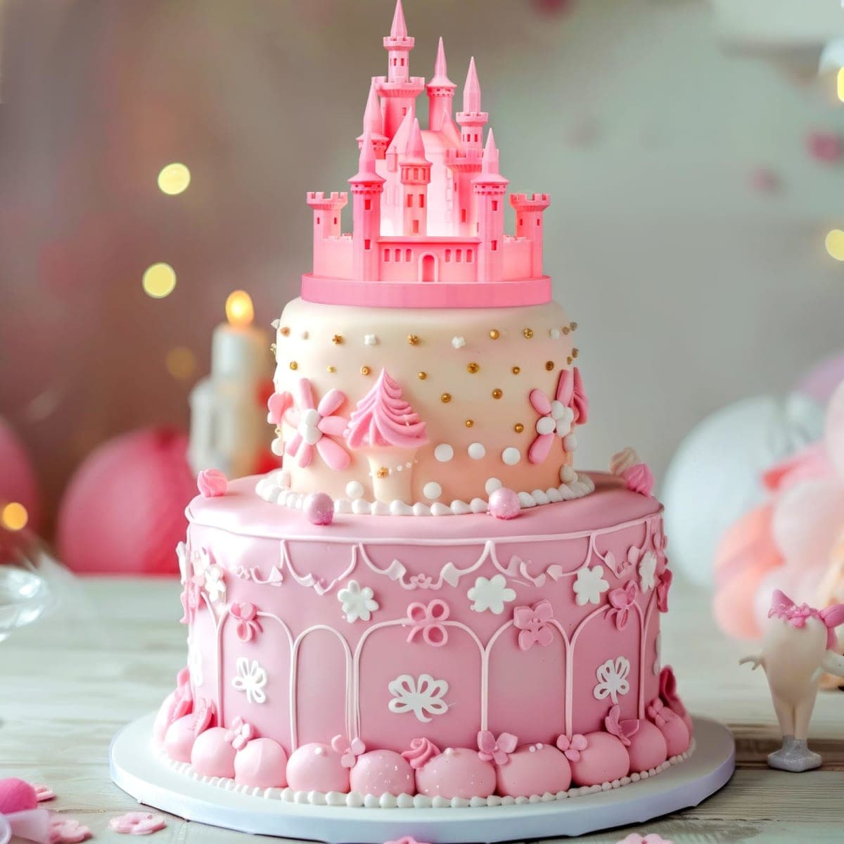 Baquler 4.8 Inch Castle Cake Topper Figurine Wedding Cake Topper Birthday Castle Tower Night Light USB Rechargeable Princess Nightlight for Valentine's Day Wedding Birthday Party Decor(Pink)