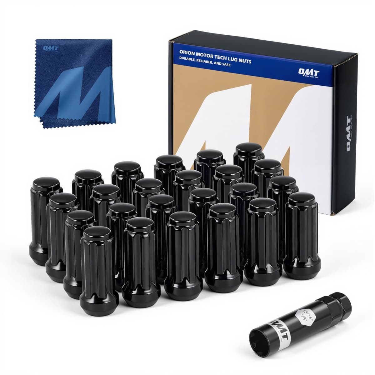 Orion Motor Tech M14x1.5 Lug Nuts Black with Spline Tuner, XL 2 inches Length Conical Wheel Nut, Compatible with Chevy GMC Ford Cadillac Lincoln SAAB Saturn Silverado 1500 Savana, Set of 24