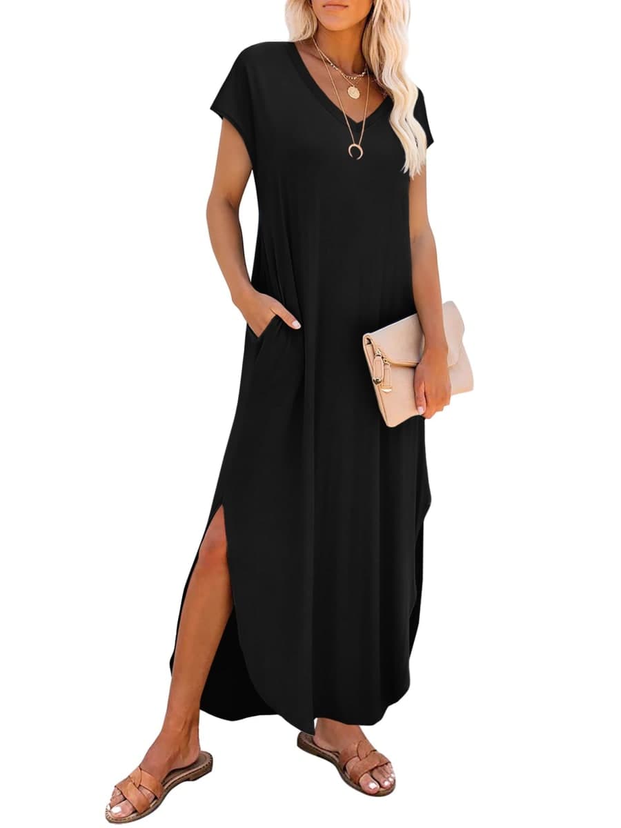 RUMIA Summer Casual Maxi Dresses for Women- Women's V Neck Cap Sleeve Long Sundress with Pockets Beach Vacation, Black, Medium