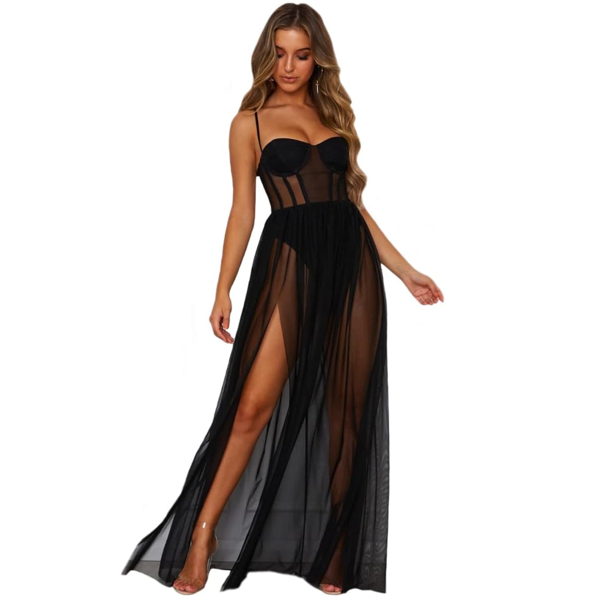 HYIJCSUC Women's Sheer Mesh Corset Maxi Dress Spaghetti Strap Bodycon Dresses Club Party Long Dresses Side Slit Dress, Black, X-Large