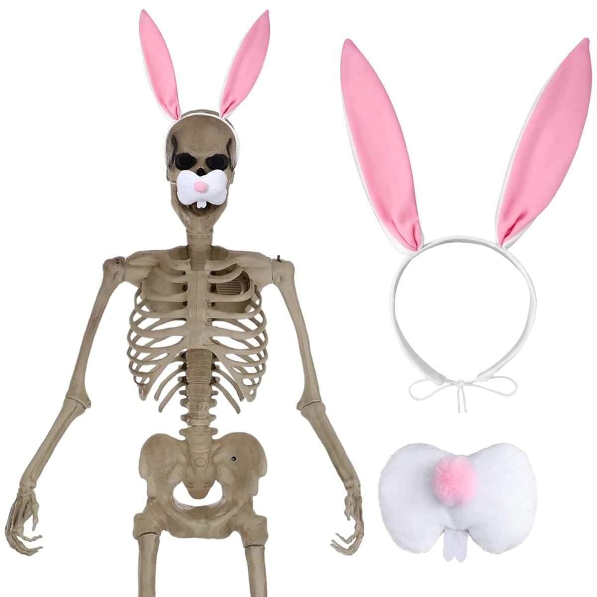 Mepase 2 Pcs Groundbreaker Skeleton Accessories Giant Sized Skeleton Costume Set Easter Bunny Nose Cover with Pink Bunny Headband Set for Easter Bunny Cosplay Skeleton Decor Home Yard Garden Decor