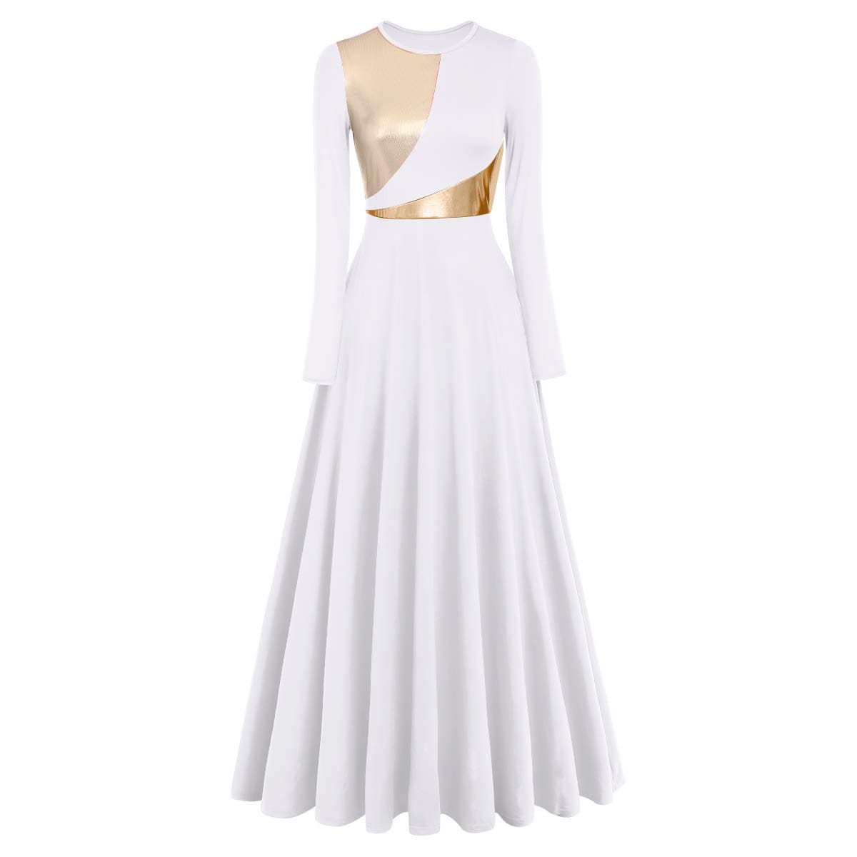 IDOPIP Women Metallic Color Block Praise Full Length Long Sleeve Dance Dress Liturgical Lyrical Dancewear Worship Robe Dress, White + Gold, Medium
