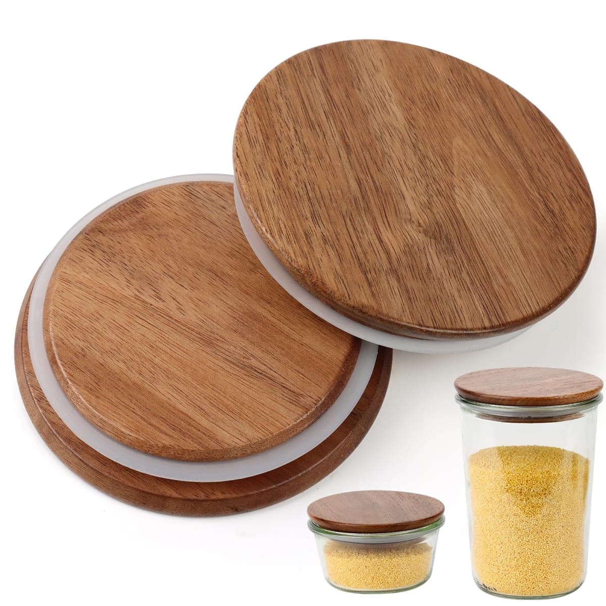 2 Pack Lids for Weck Jars 100mm Opening Acacia Tulip Glass Jar Lid with Silicone Airtight Jar Wooden Lids Large 4.25" Reusable Fits for Weck Jar Models 738 739 740 741 742 743 744 745 776 748 974