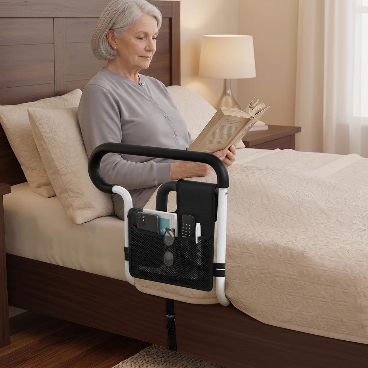 SEESMILE Bed Rails for Elderly Adults Safety: Adjustable Bed Assist Rail for Seniors, Bed Safety Rail with Storage Bag and Fixing Strap, Fit King, Queen, Full, Twin, Sliver Black