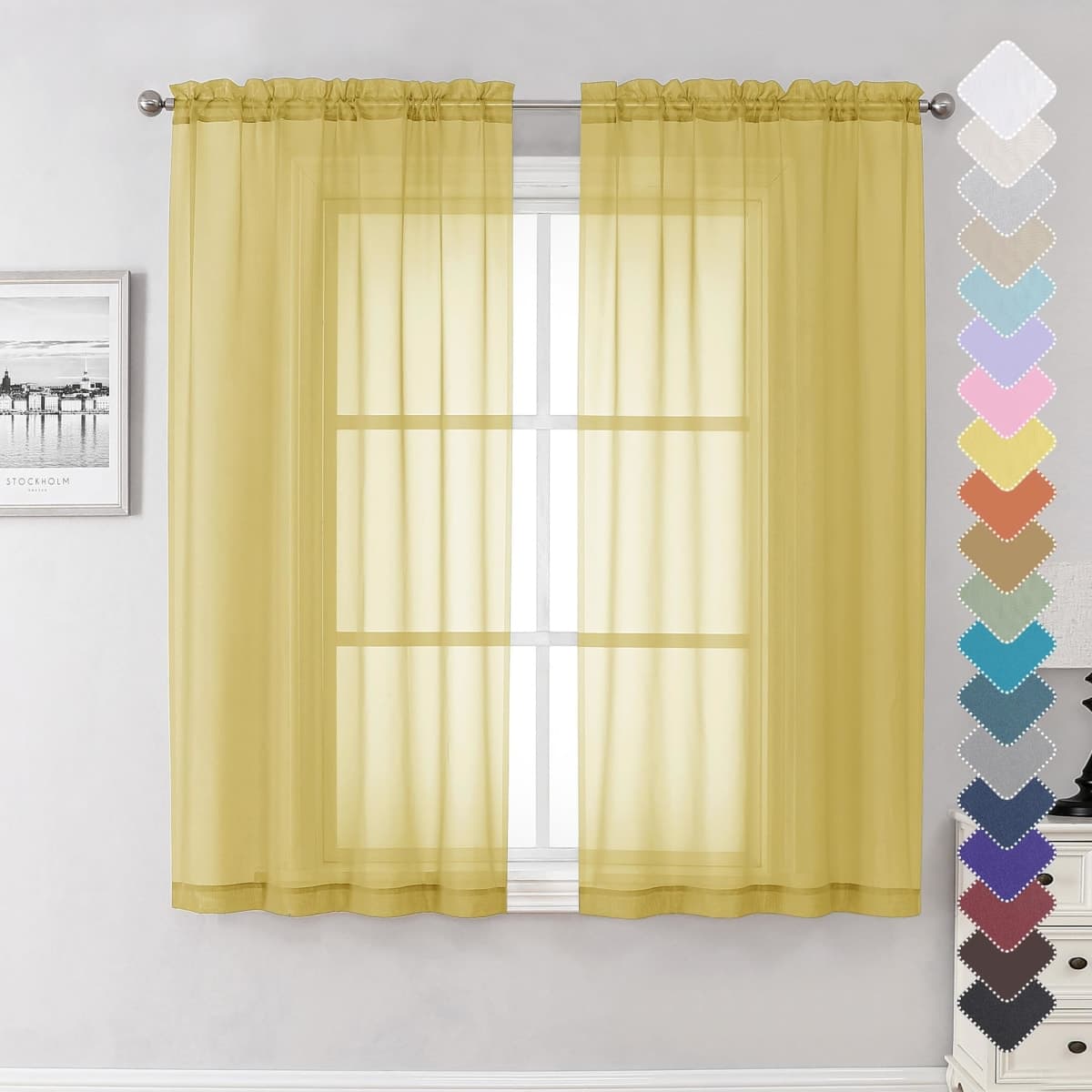 Lecloud Yellow Sheer Curtains 63 Inch Length 2 Panels, Light Filtering Voile Curtain Drapes for Bedroom Basement, Dual Rod Pocket Living Room Elegant Window Treatments, 40" W x 63" L