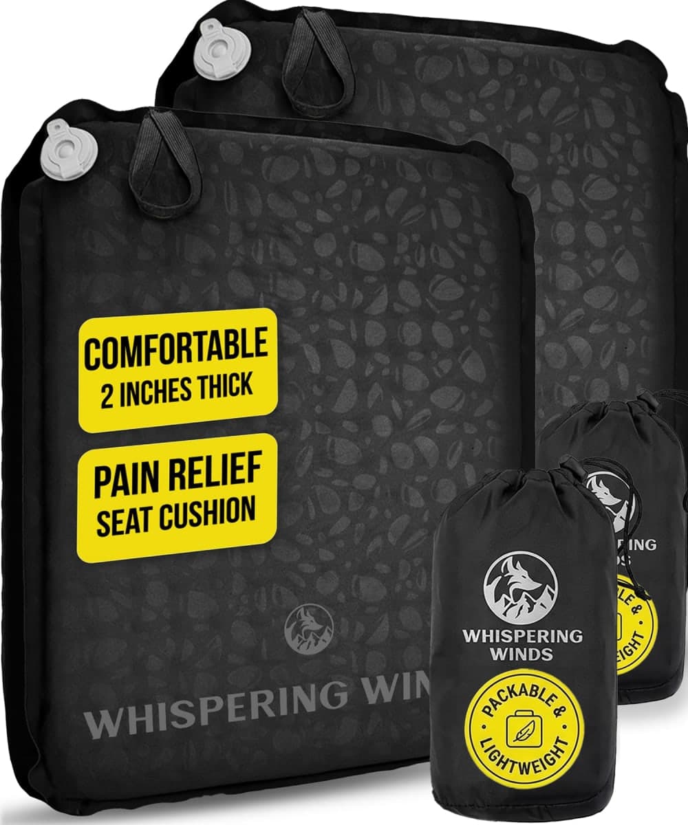 Whispering Winds Inflatable Seat Cushion - Comfortable Blow-up Foam Pad for Airplane, Travel, Stadium, Outdoors, Camping, Car & More