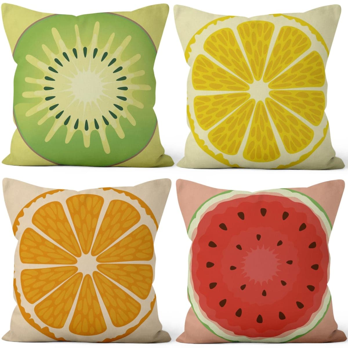 Vie Savaran Summer Fruit Throw Pillow Covers 18''x18'' Set of 4, Lemon Watermelon Kiwifruit Orange Pillowcase Colorful Printed Cushion Covers for Couch Sofa Bedroom Farmhouse Garden Patio Decorative