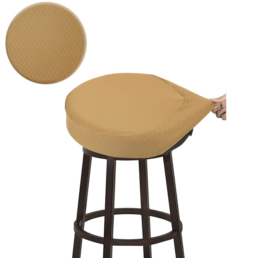 BUYUE Bar Stool Covers, Luxury Fabric Dia.12-14" Round Crease-Resistant Stretchy Washable Jacquard Dustproof Stool Seat Slipcover, S-Ocher-1 Count