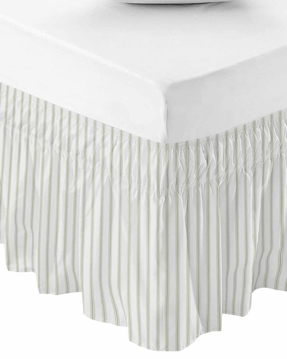 RisQiten Sage Green Striped Bed Skirt Queen Size 18 Inch Drop, Adjustable Elastic Bedskirt Dust Ruffle for Queen Bed, Sage Green White Stripes Farmhouse Wrap Around Bed Skirts Pleated Bed Frame Cover
