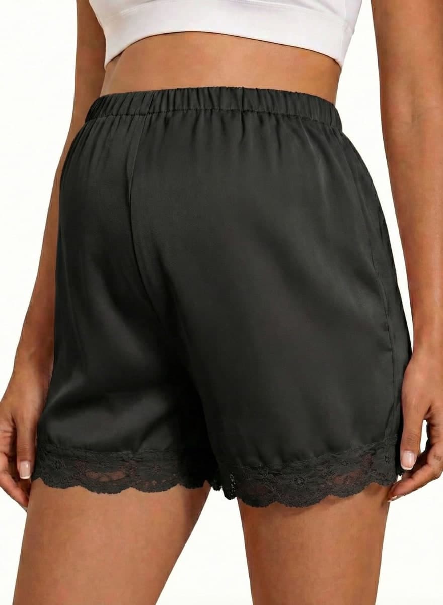 BLENCOT Women's Lace Trim Satin Maternity Shorts Adjustable Elastic Waist Pregnancy Pajamas Casual Short Pants, Black, Large
