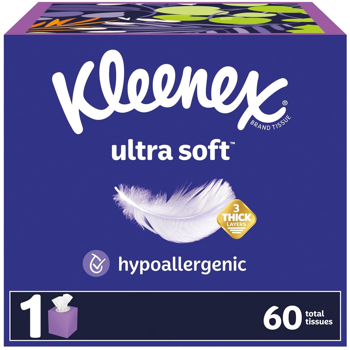 Kleenex Ultra Soft Facial Tissues, 3-Ply, Hypoallergenic, 1 Cube Box, 60 Count, White, 54277