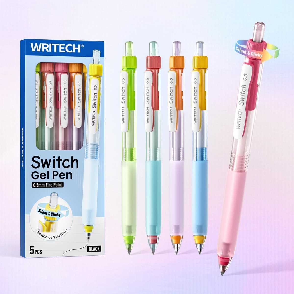WRITECH Switch Gel Ink Pens: 0.5mm Black Ink Pen Retractable Silent and Clicky Soft Grip Fine Point Pen for Journaling Smooth Writing Quick-dry No Bleed 5ct