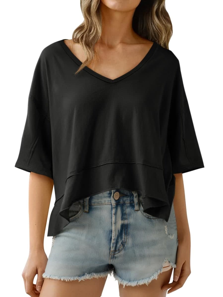 Cicy Bell Womens Oversized Crop T-Shirts Summer V Neck Short Sleeve Tops Casual Loose Fit Curved Hem Boxy Tee Shirt, Black, Large
