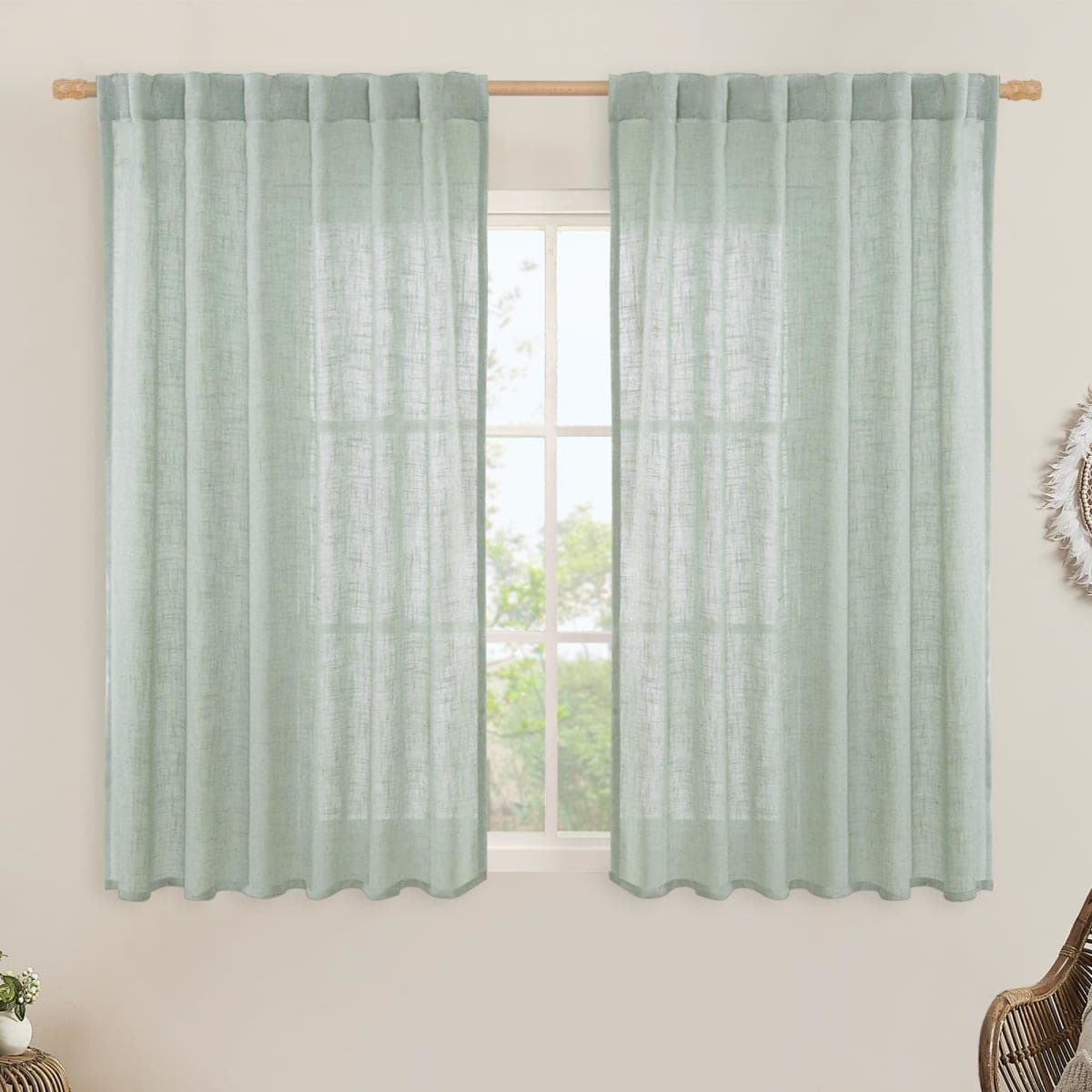 LAMIT Light Sage Linen Curtains 45 Inches Long for Bedroom, Light Filtering Panels Back Tab and Rod Pocket Neutral Drapes for Kitchen/Window/Loft Room, 52 x 45 Inch, 2 Panels