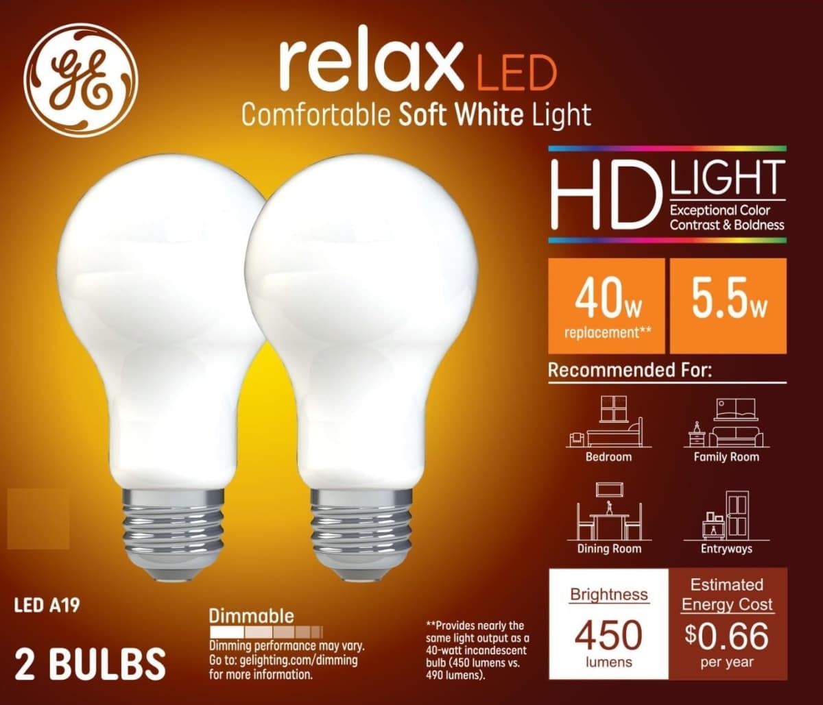 GE Relax HD A19 LED Light Bulbs, General Purpose Bulbs, 40 Watt Replacement, Soft White (2 Pack)