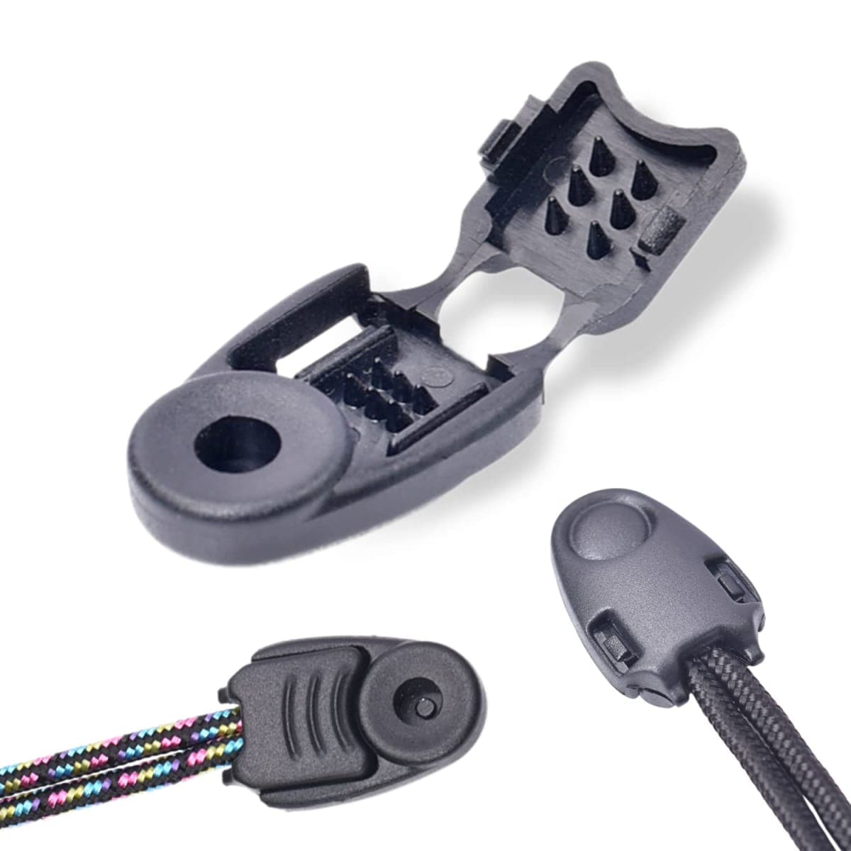 CooBigo 20 Pack Zipper Pull Cord Ends Zipcords Stopper Paracord Parachute Clips Running Shoe lace Elastic Shock Bungee Rope Drawstrings Ends Lock DIY Replacement Plastic Black