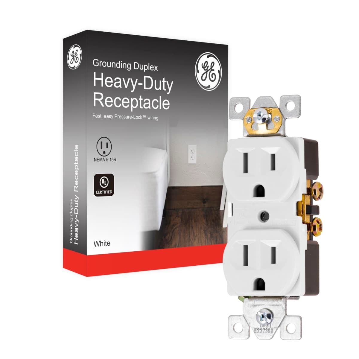 GE, White, Ultra Pro Duplex Heavy-Duty Receptacle, 2, Wall Outlet, Reinforced Yoke, Self-grounding Clip, 3 Prong, Supports 15A, UL Listed, 42157