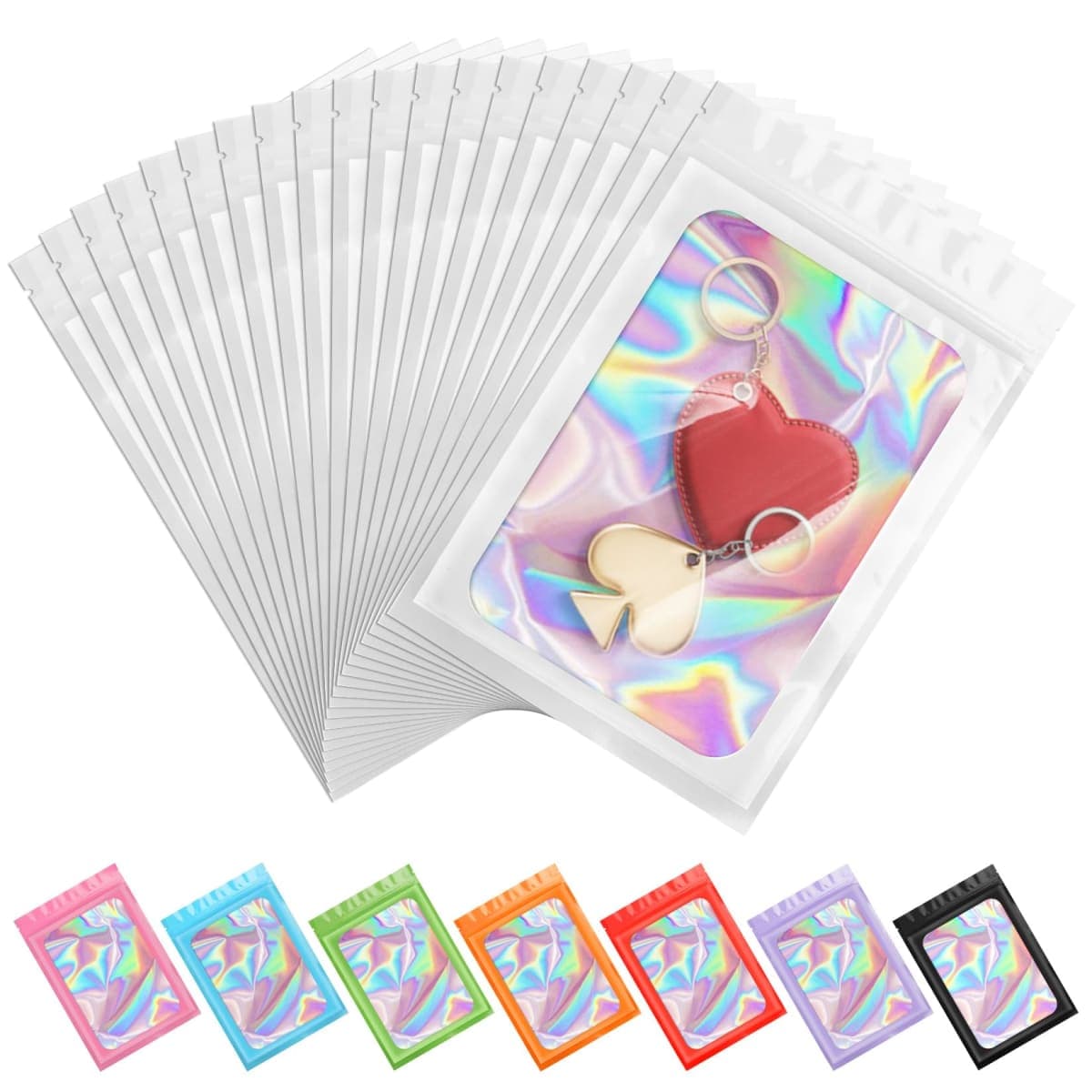 ANZNKU 100 Pack Holographic Bags, Smell Proof Packaging Bag, Clear Window Resealable Goodie Pouch Mylar Bags for Food Storage, Gift Bag for Candy Jewelry Lash Lipgloss (White, 2.4 x 3.9 Inch)