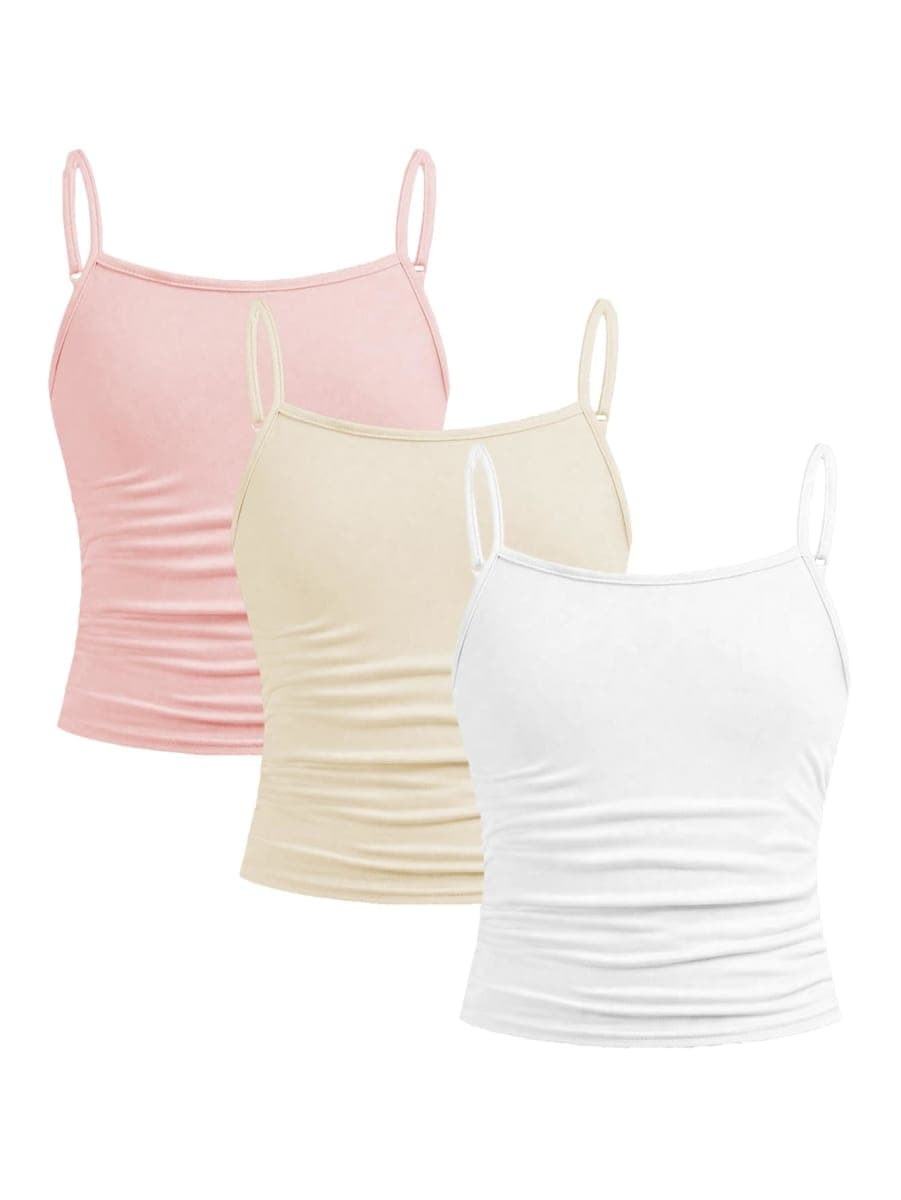 SOLY HUX Girl's Tank Tops 3 Packs Cute Ruched Spaghetti Strap Camisole Slim Fit Undershirts, Apricot Yellow Pink, 12 Years