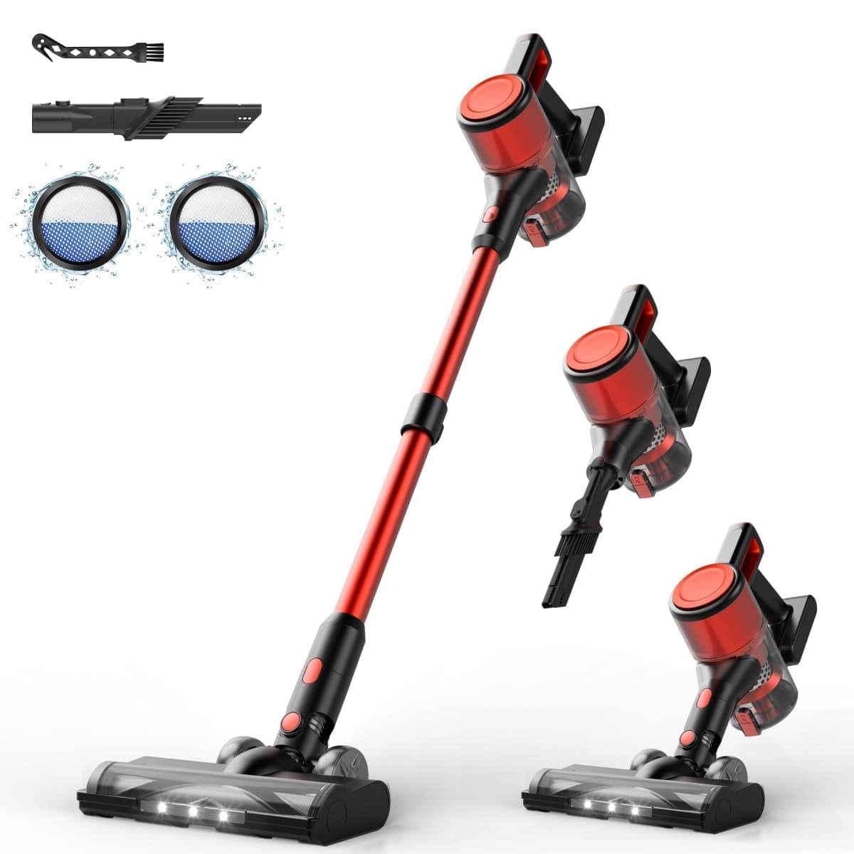 BSNAW Cordless Vacuum Cleaner for Home - Lightweight, 30Kpa Stick Vacuum Clean with Rechargeable Battery, Max 45Mins Runtime, 8 in 1 Handheld Vacuum for Hardfloor & Carpets Pet Hair, Red&Black