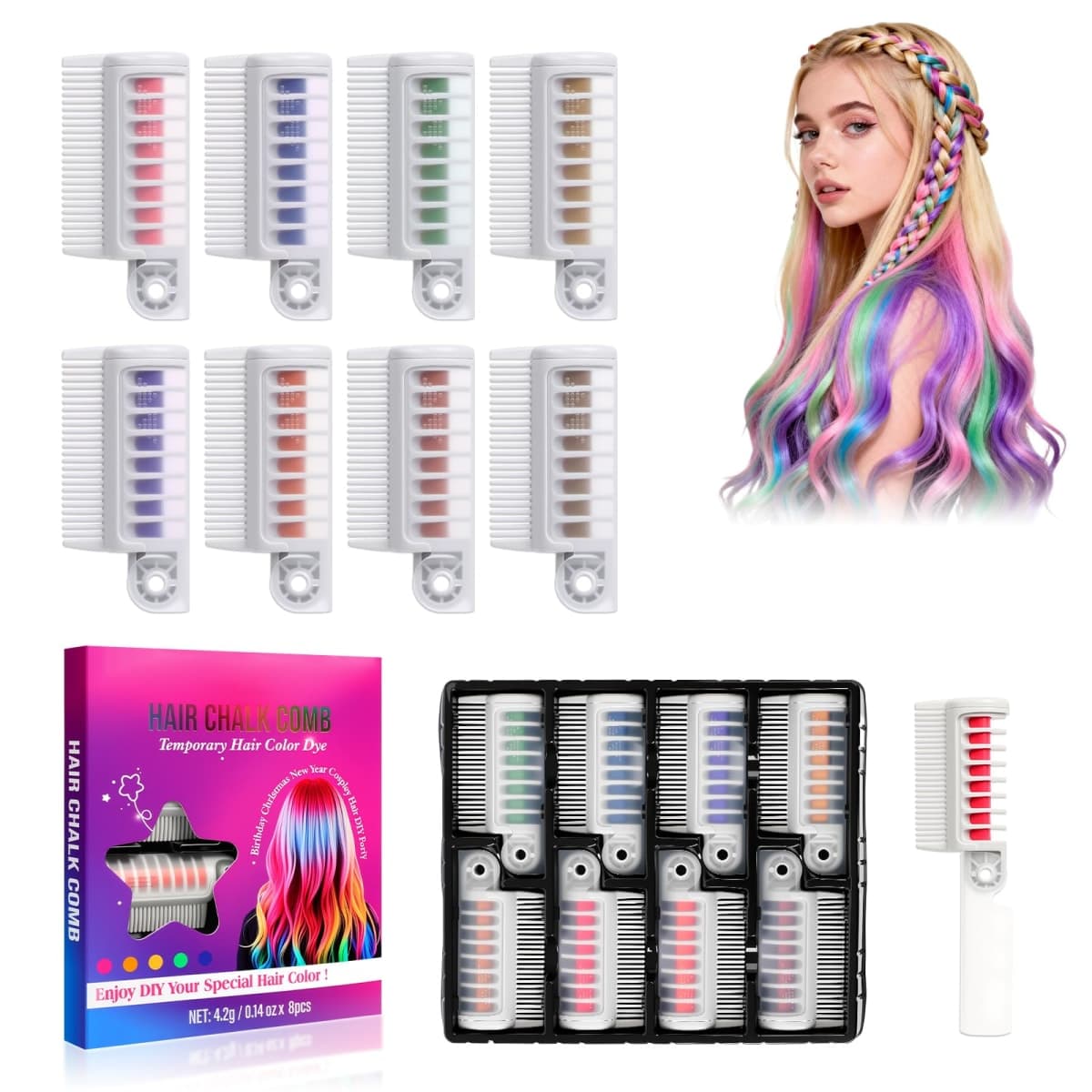 Festive Fun Hair Chalk Combs, 8 Color Washable Hair Chalk Set, Hair Color Comb Temporary Hair Chalk Comb,for All Ages for Birthday Party, Christmas Gifts
