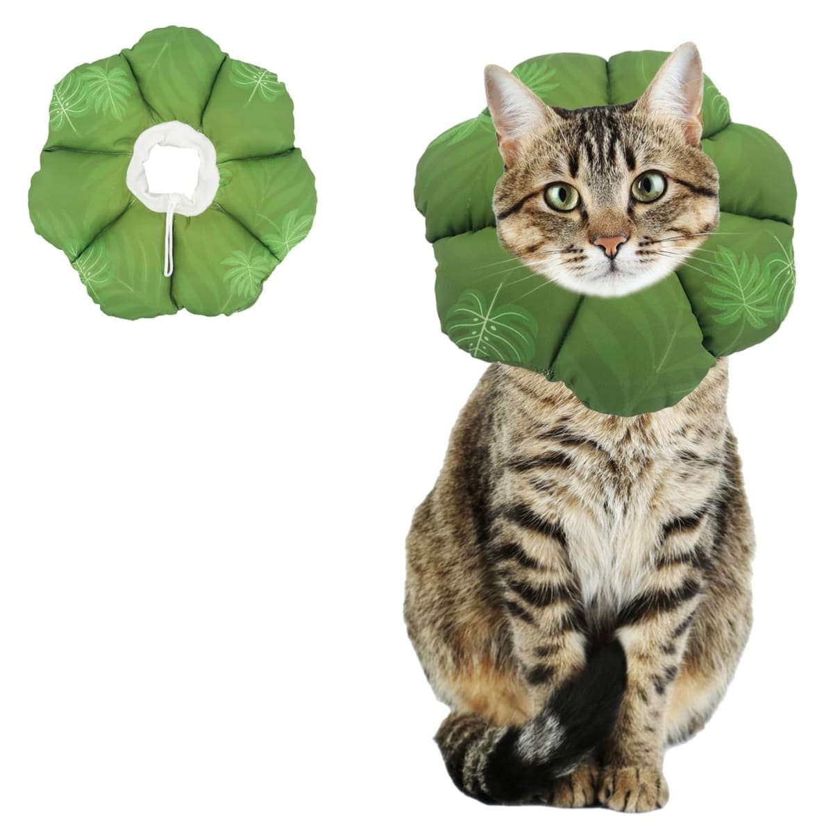 QIYADIN Cat Soft Cone Collar, Adjustable Cat Recovery Cones to Stop Licking Wounds, Waterproof Pet Elizabethan Recovery Collar for Cats After Surgery (Green Leaf, L)