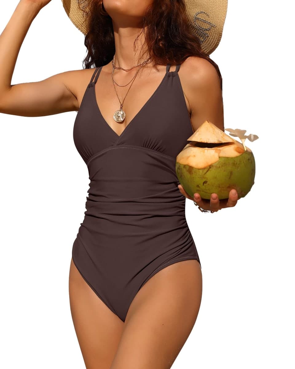 Charmo Tummy Control One Piece Swimsuits for Women Ruched Bathing Suits Strappy V Neck Monokini, #1e Coffee, Large