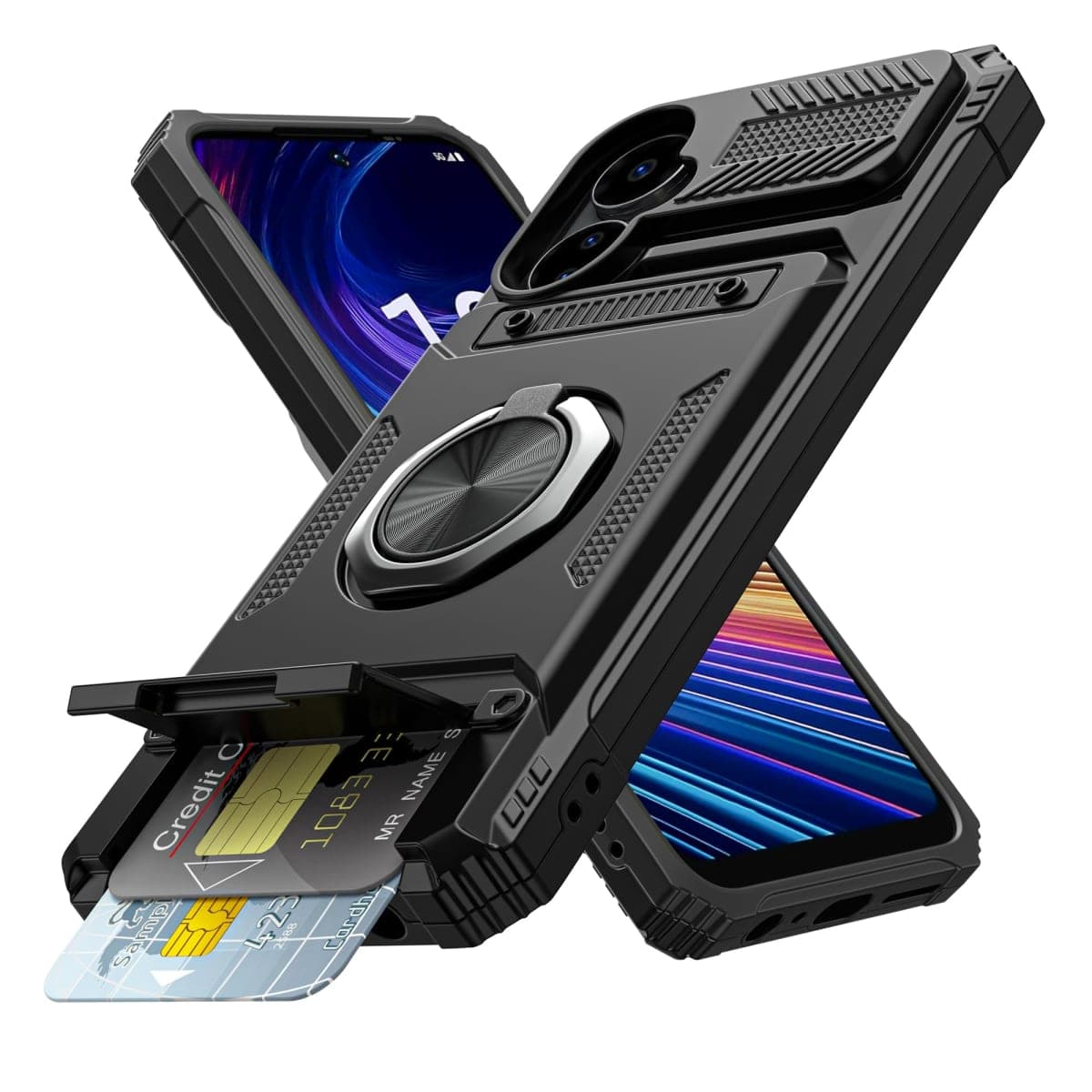 Vofolen for Boost Mobile Celero 5G 2024 (3rd Version) Case with Card Holder [Store 2 Cards] + 360° Rotated Kickstand Dual Layer Heavy Duty Shockproof Wallet Phone Case for Celero 3 5G 2024, Black