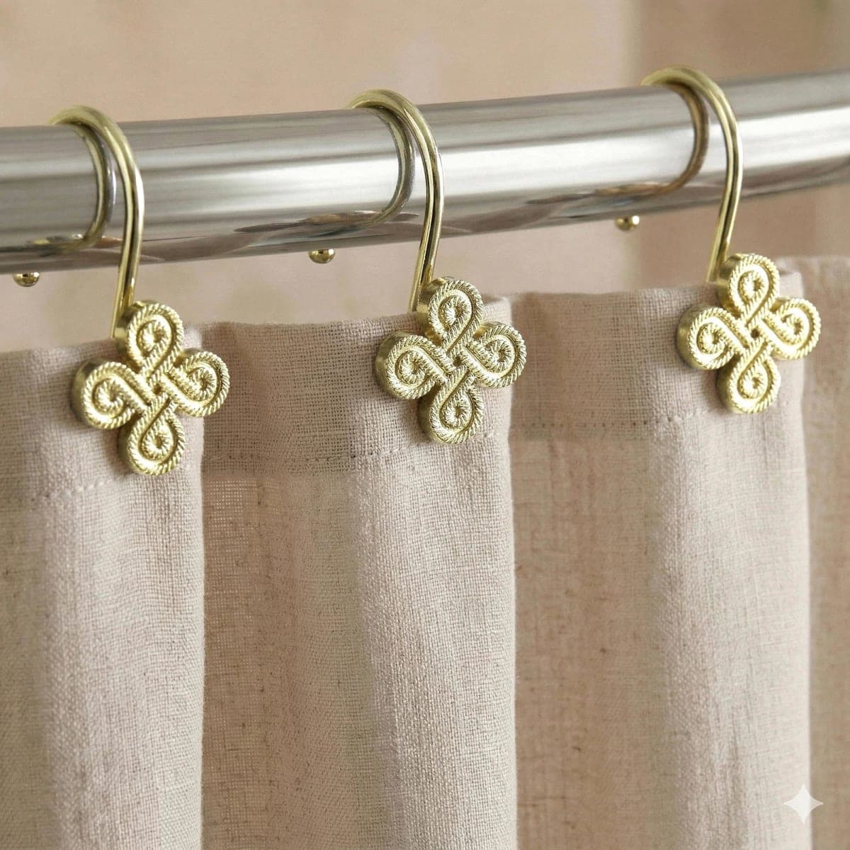 Gold Shower Curtain Hooks Rings: Rust Proof Metal Shower Hooks for Bathroom - Flower Clover Designed Decorative Curtain Rings Hangers for Shower Rod - Set of 12
