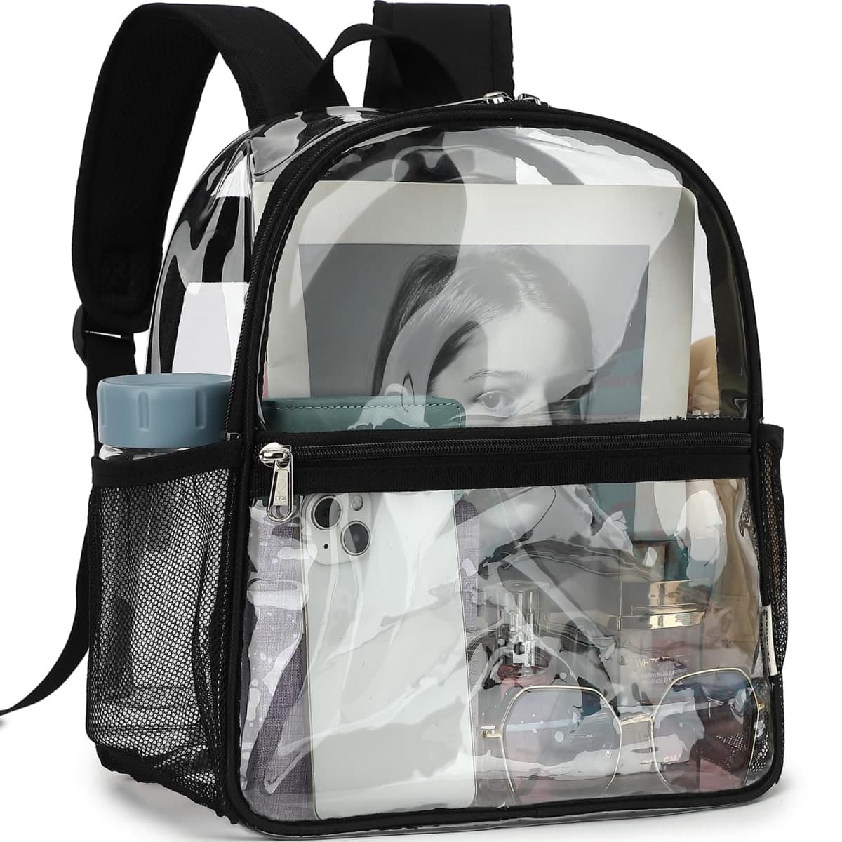 Fammart Clear Backpack Stadium Approved, Kids & Small Adult Transparent Bag for School, Work, Sports, Concerts, Black, 10.6" L x 6" W x 12" H