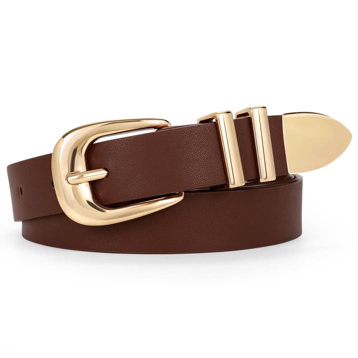 WERFORU Women Leather Belt Fashion Leather Waist Belt for Pants Jean Ladies Western Thin Belt with Gold/Silver Buckle, E-coffee, Fit Waist Size 37-41 Inches