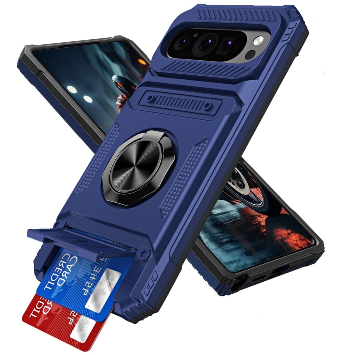 LEMAXELERS for Google Pixel 9 / Pixel 9 Pro Case with Card Holder 360° Magnetic Rotated Ring Kickstand Dual Layer Shockproof Hidden Card Slot Protective Phone Cover for Google Pixel 9, Blue RJ