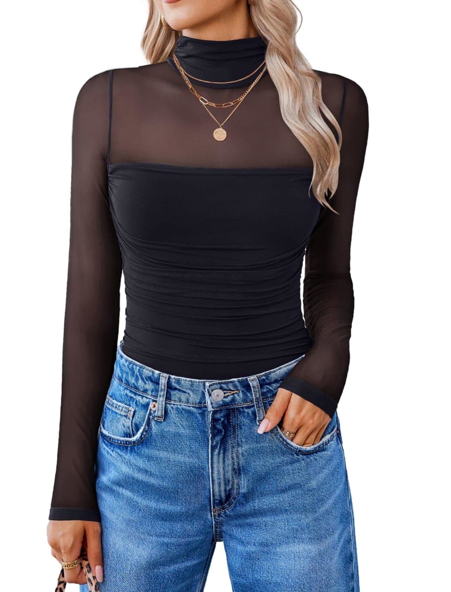Avidlove Women Long Sleeve Bodysuit Turtle Neck Shapewear Body Suits Mesh One Piece Leotard Shirt Going Out Tops Fall Outfits, Black, XX-Large