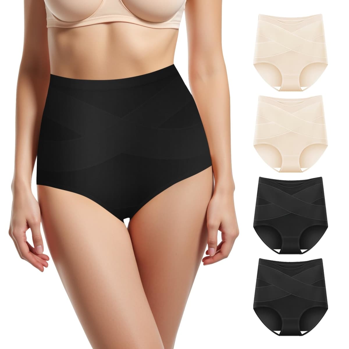 QUASTI Women's High Waisted Underwear Tummy Control Cotton Panties Full Coverage Postpartum Briefs 4 Pack, Multicolor-two Pieces of Rose & Black, X-Large