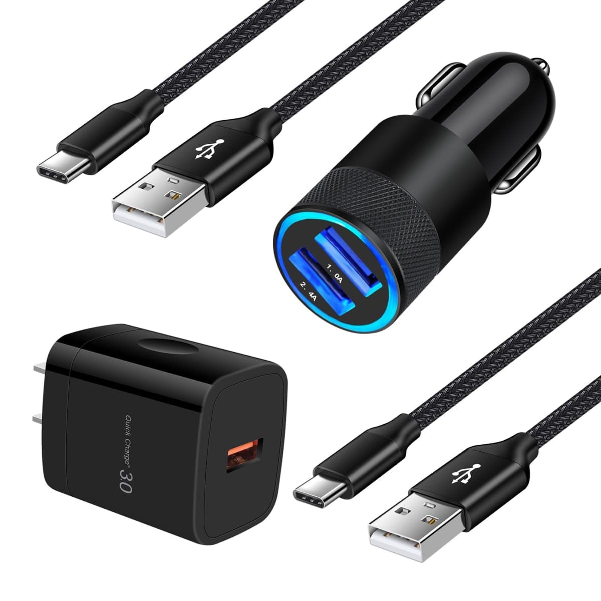 Car Charger Adapter+Quick Charge 3.0 Wall Charger Block Plug+6ft USB Type C Fast Charging Cable for Samsung Galaxy S25 S24 S23 S22 S21 S20 FE/Ultra/Plus 5G Note 20/10 Z Fold7/Flip7 A17 A35 A16 A15 A54